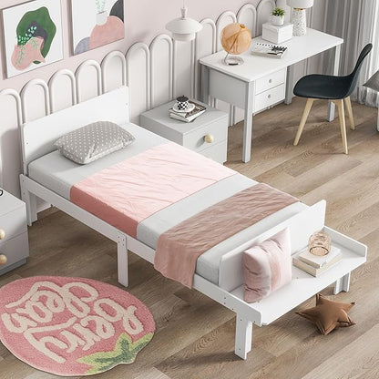 Twin Bed with Footboard Bench, Twin Kid Bed with Headboard, Wood Slat Support, Cute Kid Bed Frame with Book Storage Space, Twin Car Bed for Boys Girls Bedroom, No Box Spring Needed, White - LeafyLoom