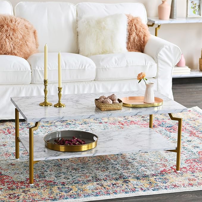 Household Essentials Crown Rectangular Coffee Table with Storage Shelf White Marble and Gold Metal - LeafyLoom