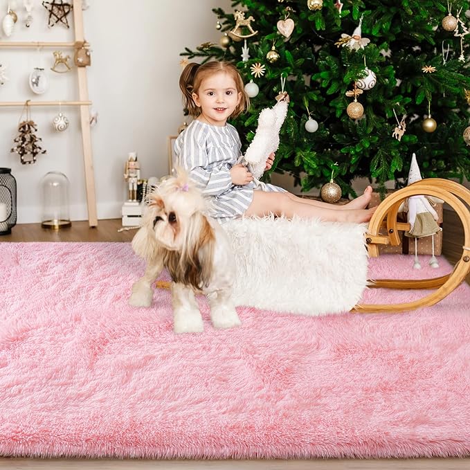 Super Soft Fluffy Shaggy Rugs 3x5 Feet for Living Room Bedroom, Fuzzy Plush Area Rugs for Girls Kids Room Nursery Home Decor, Furry Dorm Rug Cute Non-Slip Indoor Floor Carpet, Baby Pink - LeafyLoom