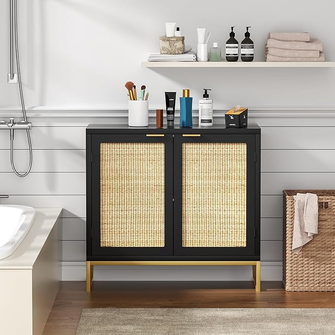 Anmytek Rattan Sideboard Buffet Kitchen Storage Cabinet with 2 Doors, Modern Black Accent Cabinet for Kitchen Buffet Cabinet with Storage for Kitchen - LeafyLoom