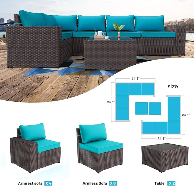 Kullavik 12PCS Outdoor Patio Furniture Set PE Wicker Rattan Sectional Sofa Patio Conversation Sets,Blue - LeafyLoom