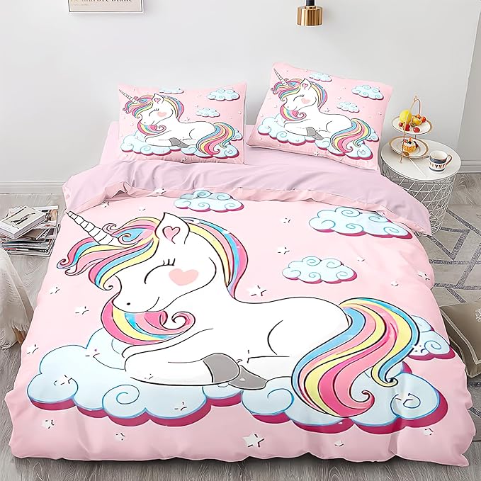 Kids Comforter Bedding Set Twin Size, 3 Piece Super Soft Breathable Print Kids Bedding Sets for Girls, Machine Washable Durable Comforter Set with Comforter and 2 Pillowcases (Twin, Pink Unicorn) - LeafyLoom