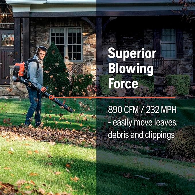 Husqvarna 360BT Gas Leaf Blower, 65.6-cc 3.81-HP 2-Cycle Backpack Leaf Blower with 890-CFM, 232-MPH, 30-N Powerful Clearing Performance and Load-Reducing Harness - LeafyLoom