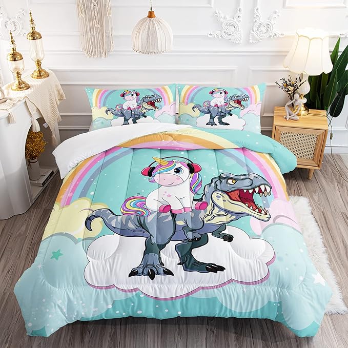 Unicorn Comforter Set 3Pcs Cartoon Dinosaur Kids Bedding Set Rainbow Cloudy Star Bed Set with 1 Comforter and 2 Pillowcases - LeafyLoom