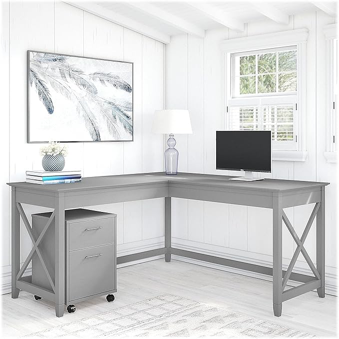 Bush Furniture Key West 60W L Shaped Desk with 2 Drawer Mobile File Cabinet in Cape Cod Gray - LeafyLoom