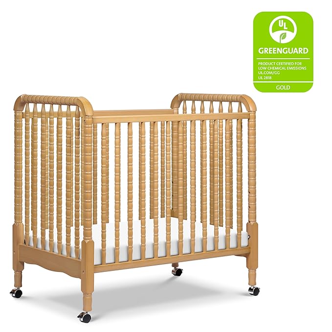 DaVinci Jenny Lind 3-in-1 Convertible Mini Crib in Honey, Removable Wheels, Greenguard Gold Certified - LeafyLoom