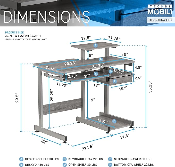 NicBex Laik-DW-00053-DX Desks, 37.75" W x 22" D x 35.25" H, Gray - LeafyLoom