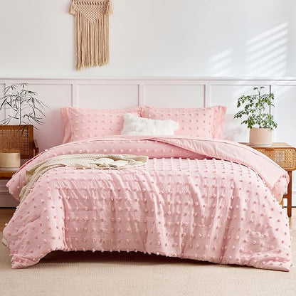 7 Pieces Tufted Dots Bed in a Bag King Comforter Set with Sheets Pink , Soft and Embroidery Shabby Chic Boho Comforters, Solid Color with Pom Pom Design, Jacquard Tufts Bedding Set for All Season - LeafyLoom