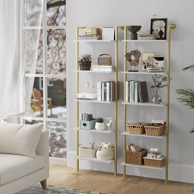 5-Tier Bookshelf Solid Wood Ladder Shelf, Narrow Book shelf Set of 2, Wooden Ladder Shelf Bookcase, Wall Mount Ladder Shelf, Storage Rack for Living Room, Bedroom, Bathroom, White and Gold - LeafyLoom