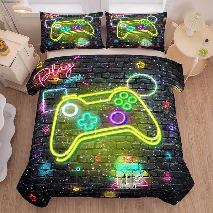 Boys Queen Size Bedding Set, 3 Pieces, Gamepad 08, Includes 1 Comforter & 2 Pillowcases - LeafyLoom