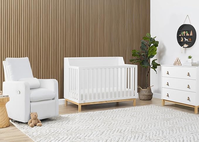 Delta Children babyGap Oxford 6-in-1 Convertible Crib + Brannan Bear Bookcase with Bins + Brannan Bear Wall Shelf with 4 Hooks, Bianca White/Natural (Bundle) - LeafyLoom