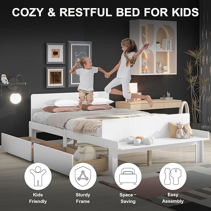 Dolonm Full Bed Frames for Kids with 2 Drawers, Storage Platform Bed with Footboard Bench, Twin Kids Bed Headboard Frame Pine Wood, High Stable, No Box Spring Needed, Twin Bed for Kids, White - LeafyLoom