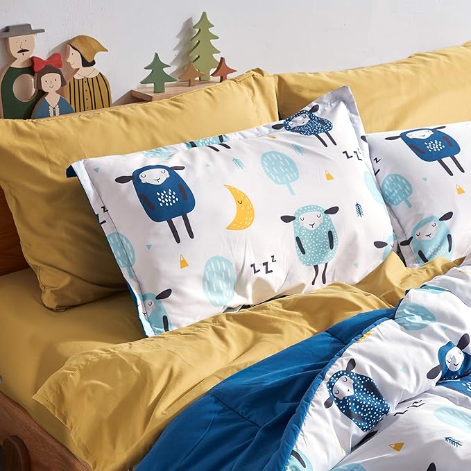 SLEEP ZONE Kids Bedding Comforter Set Full/Queen Size - Super Cute & Soft Kids Bedding 7 Pieces Set with Comforter, Sheet, Pillowcase & Sham (Blue Sheep) - LeafyLoom