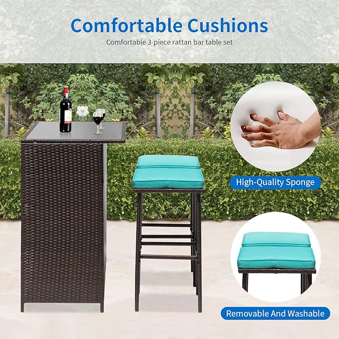 FDW 3PCS Patio Bar Set Outdoor Furniture Set Wicker Bistro Set with Two Stools for Patio Backyard Balcony,Blue Cushion - LeafyLoom