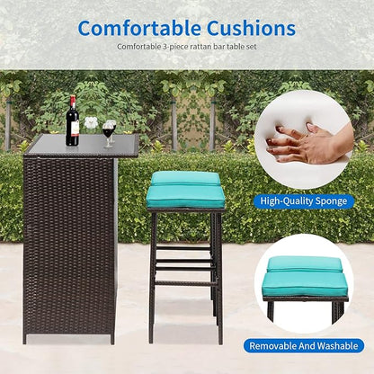 FDW 3PCS Patio Bar Set Outdoor Furniture Set Wicker Bistro Set with Two Stools for Patio Backyard Balcony,Blue Cushion - LeafyLoom