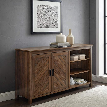 Walker Edison Modern Wood Grooved Buffet Sideboard with Open Storage-Entryway Serving Storage Cabinet Doors-Dining Room Console, 58 Inch, Dark Walnut - LeafyLoom