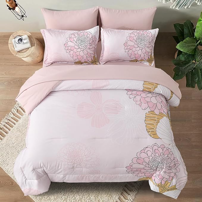 Yiran Bed in a Bag 7 Pieces Pink Colorful Floral Comforter Set Queen Size Soft Microfiber Bedding Set with Comforter,Sheets, Pillowcases & Shams 90"×90" - LeafyLoom