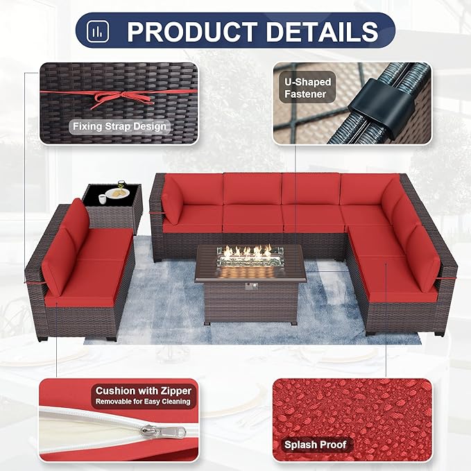 Patio Furniture Sectional Sofa 10 Pieces PE Rattan Patio Conversation Set w/43in Gas Fire Pit Table, Outdoor Furniture with 55000 BTU Propane Fire Pit, Red - LeafyLoom