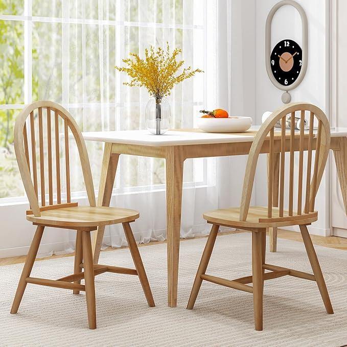 HAPPYGRILL 2 Pieces Wooden Dining Chairs Set, Vintage Armless Windsor Chairs, Kitchen Dining Chairs with Backrest, Natural - LeafyLoom