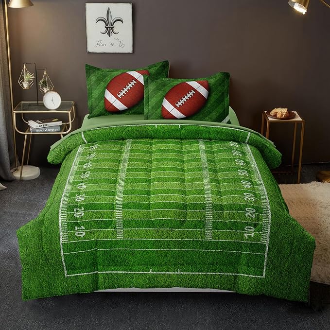 Football Comforter Set Full Size for Teen Boys, Kids Football Field Bedding Green Themed Bedroom Set with Sheets, Full Bed in a Bag Set - LeafyLoom