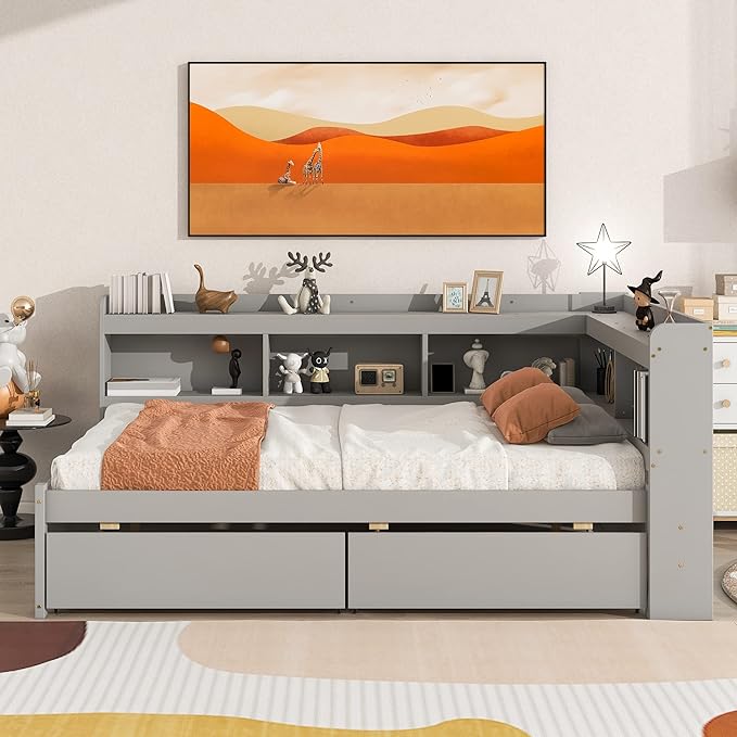 Full Size Platform Bed with L-Shaped Bookcase and 2 Storage Drawers, Wood Daybed frames with Headboard, Gray - LeafyLoom