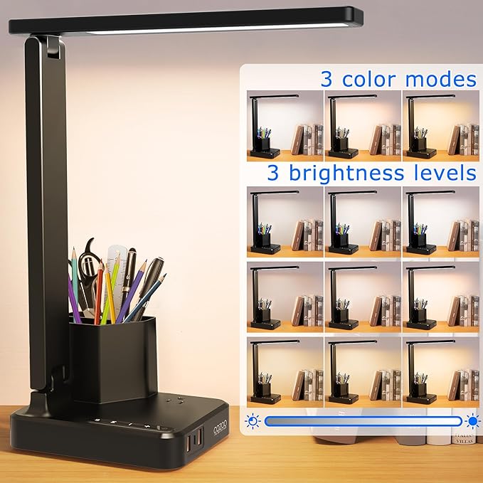 COZOO LED Desk Lamp with 3 USB Charging Ports,1 AC Outlet,2 Pen Holders,3 Color Temperatures 3 Brightness LevelsTouch/Memory/Timer Function,10W Eye Protection Foldable Reading Light,College Study Lamp - LeafyLoom