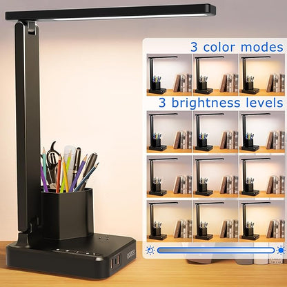 COZOO LED Desk Lamp with 3 USB Charging Ports,1 AC Outlet,2 Pen Holders,3 Color Temperatures 3 Brightness LevelsTouch/Memory/Timer Function,10W Eye Protection Foldable Reading Light,College Study Lamp - LeafyLoom