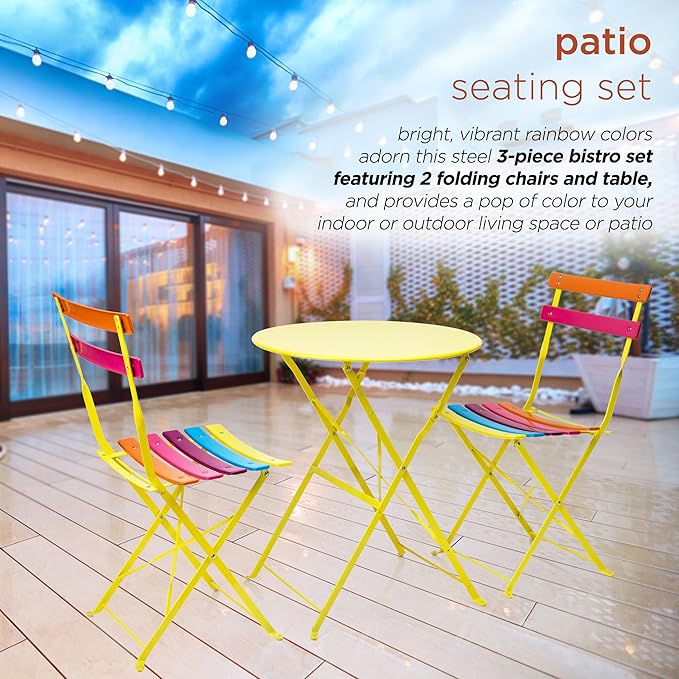 Alpine Corporation MSY114A Rainbow Metal Bistro Set w Two, Table: 24" L x 24" W x 28" H Chair: 16" L 18" W x 32" H - LeafyLoom