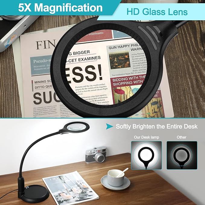 5X Magnifying Glass with Light and Clamp, 5 Color Modes Stepless Dimmable Lighted Magnifier with Stand, Flexible Gooseneck LED Desk Lamp hands Free for Craft Reading Painting Hobby Close Work - LeafyLoom