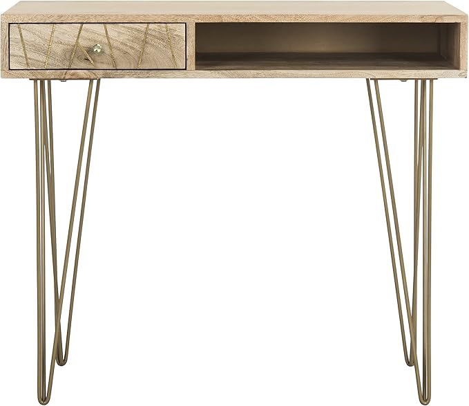 Safavieh Home Office Marigold Modern Natural and Brass 1-drawer Hairpin Leg Desk - LeafyLoom