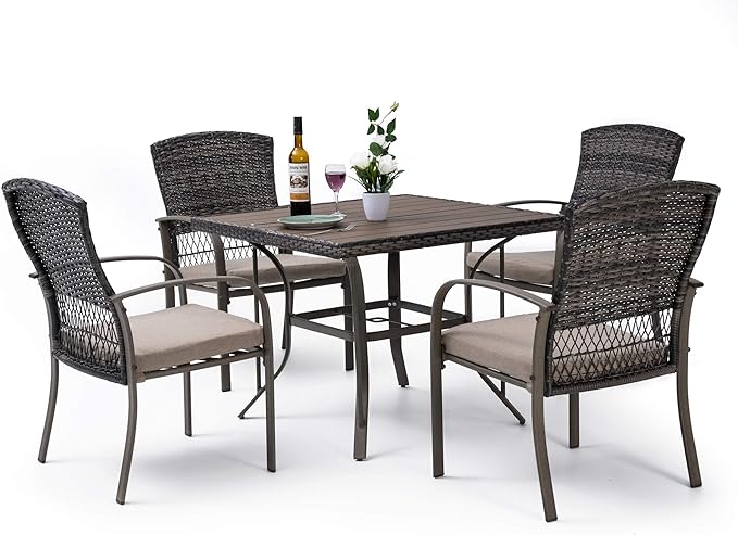 Pamapic Outdoor Piece Patio Dining Set, Weather Resistant PE Rattan Table and Chairs, Comfortable Cushions, Easy Maintenance, 5 PCS, Beige - LeafyLoom