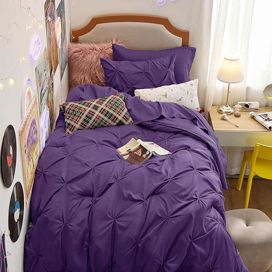 Bedsure Twin Size Comforter Set 5 Pieces - Pintuck Twin Bedding Set, Pinch Pleat Purple Twin Size Bed in a Bag with Comforter, Sheets, Pillowcase & Sham - LeafyLoom