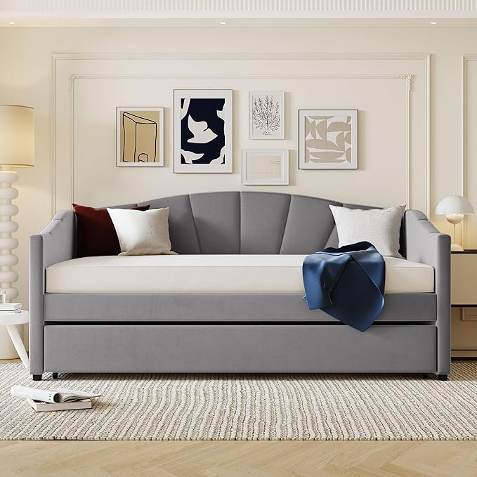 Twin Size Upholstered Daybed with Trundle, Wood Slat Support Sofa Bed with Armrest, No Box Spring Needed, Easy to Assemble, for Studio, Bedroom, Living, Guest Room, Gray - LeafyLoom