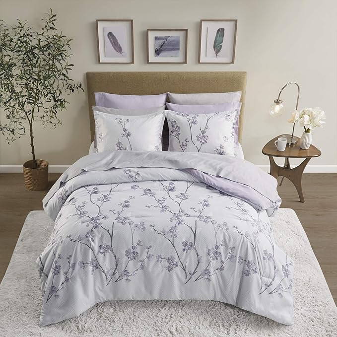 Comfort Spaces Bed in A Bag - Trendy Casual Design Cozy Comforter with Complete Sheet Set with Side Pocket, All Season Cover, Matching Shams King(104"x90"), Kate, Grey/Purple 9 Piece - LeafyLoom