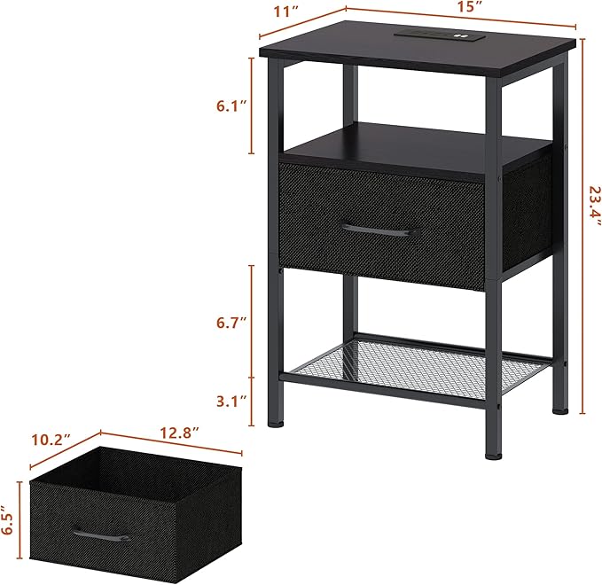 Night Stand Set 2, End Table with Charging Station, LED Bedside Table with Fabric Drawer for Bedroom, 3-Tier Side Table with Open Shelf, Black - LeafyLoom