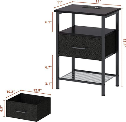 Night Stand Set 2, End Table with Charging Station, LED Bedside Table with Fabric Drawer for Bedroom, 3-Tier Side Table with Open Shelf, Black - LeafyLoom