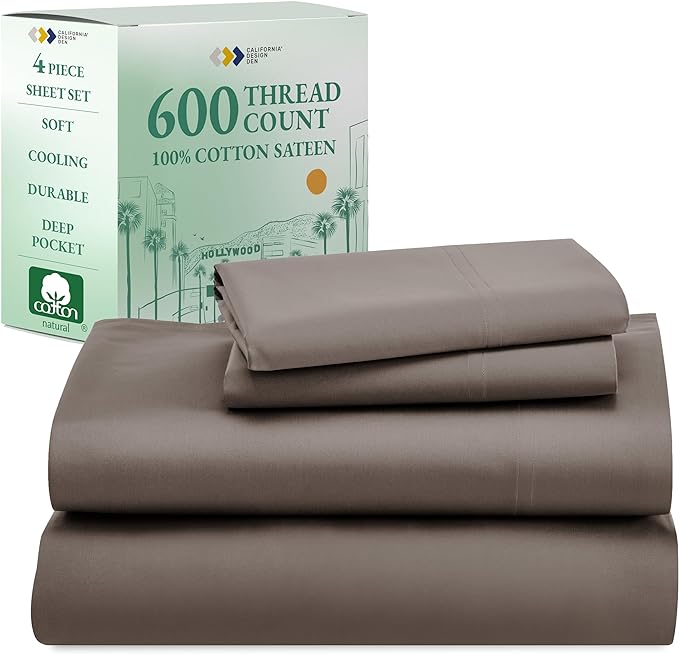 California Design Den 600 Thread Count Sheets King, 100% Cotton Sheet, Sateen, King Size Bed Sheets, Soft, Cooling, Hotel-Quality Bedding with Deep Pockets - Brown - LeafyLoom