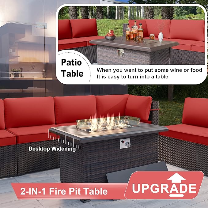 Patio Furniture Set with Fire Pit Table 13 PCS Outdoor Sectional Furniture Outdoor Rattan Patio Conversation Sets with 43in 55,000 BTU Propane Gas Fire Pit Table Glass Table, Red - LeafyLoom