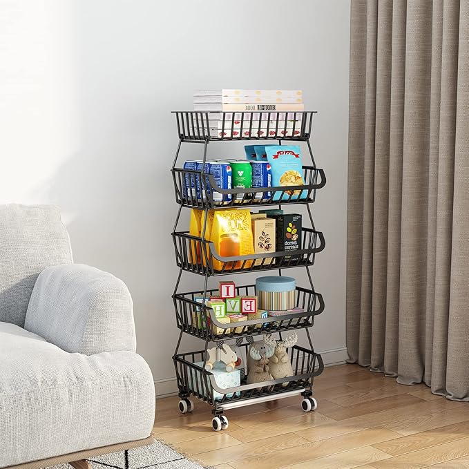 Wisdom Star 5 Tier, Kitchen Fruit Vegetable Storage Cart, Vegetable Basket Bins for Onions and Potatoes, Wire Storage Organizer Utility Cart with Wheels, Black - LeafyLoom