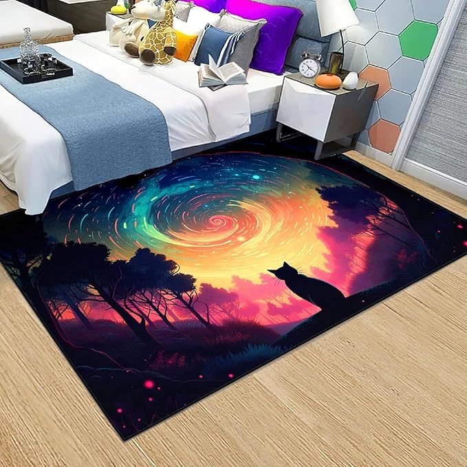 Moon Black Cat Rug - Mystical Stary Night Cat Rug for Kids Bedroom Colorful Black Cat Rug Decor Room Cat Door Mats Outdoor Entrance, 3x4 Feet - LeafyLoom