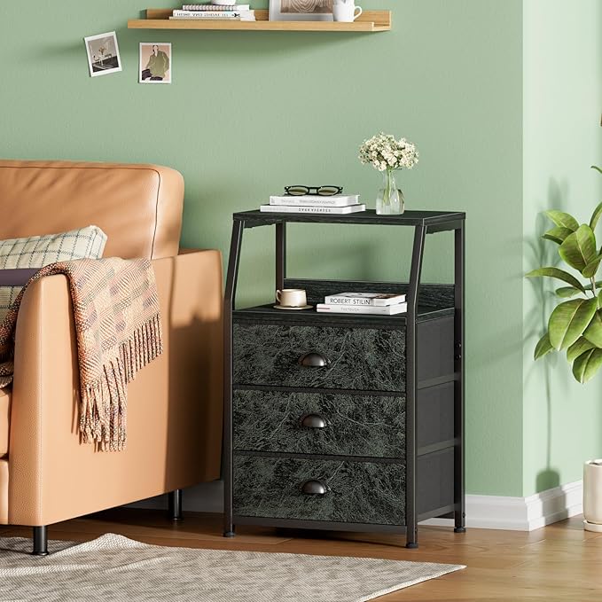 Furnulem 3 Drawers Nightstand with 2-Tier Shelf, Fabric Small Dresser Organizer Storage Tower for Bedroom, Hallway, Night Stand End Table Side Furniture, Sturdy Steel Frame, Wood Top(Dark Green) - LeafyLoom