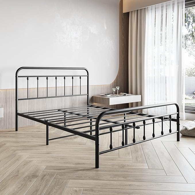 Vintage Queen Size Bed Frame with Headboard and Footboard Mattress Heavy Duty Metal Platform, Steel Slat Support (Queen, Black Sanded) - LeafyLoom