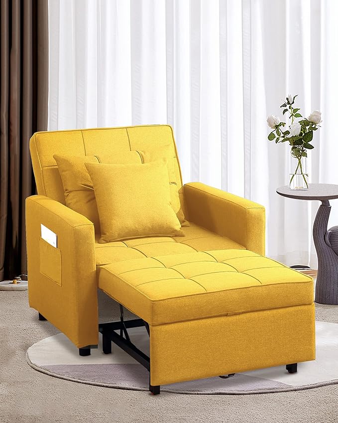 XSPRACER [UPDATED] Convertible Chair Bed, Sleeper Chair Bed 3 in 1, Stepless Adjustable Backrest,Armchair, Sofa, Bed, Linen, Yellow, Single One - LeafyLoom