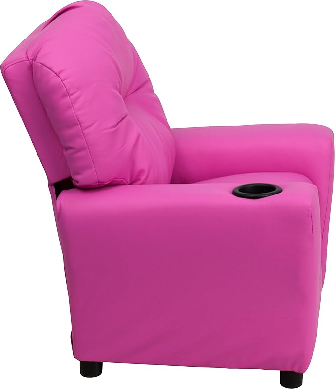 Flash Furniture Chandler Vinyl Kids Recliner with Cup Holder and Safety Recline, Contemporary Reclining Chair for Kids, Supports up to 90 lbs., Hot Pink - LeafyLoom