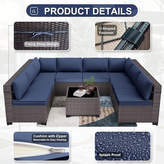 Patio Furniture Set 9-Pieces Outdoor Furniture for Backyard Wicker Sectional Sofa Set, Rattan Patio Conversation Set with Thickened Cushions and Glass Coffee Table, Navy Blue - LeafyLoom