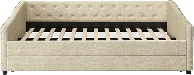 Full Size Daybed with Trundle, Upholstered Tufted Sofa Bed with Button on Back and Piping on Waved Shape Arms for Bedroom, Apartment, Living Room, Wooden Slats Support, Beige - LeafyLoom