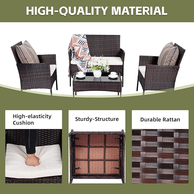 Patio Furniture Set,4 Piece Garden Conversation Set, Outdoor Wicker Rattan Table and Chairs, Black Patio Set, Sectional Sofa with Thick Cushion for Garden, Yard, or Porch (Brown/Beige) - LeafyLoom