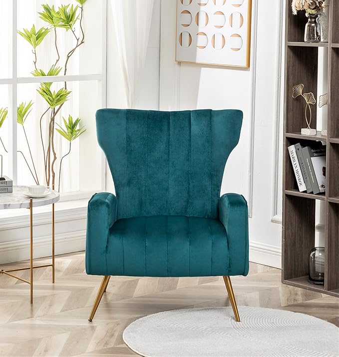 Armchair Modern Velvet Accent Chair, Channel Tufted Bedroom, Office or Living Room Furniture with Elegant Metal Legs, Blueish Green - LeafyLoom