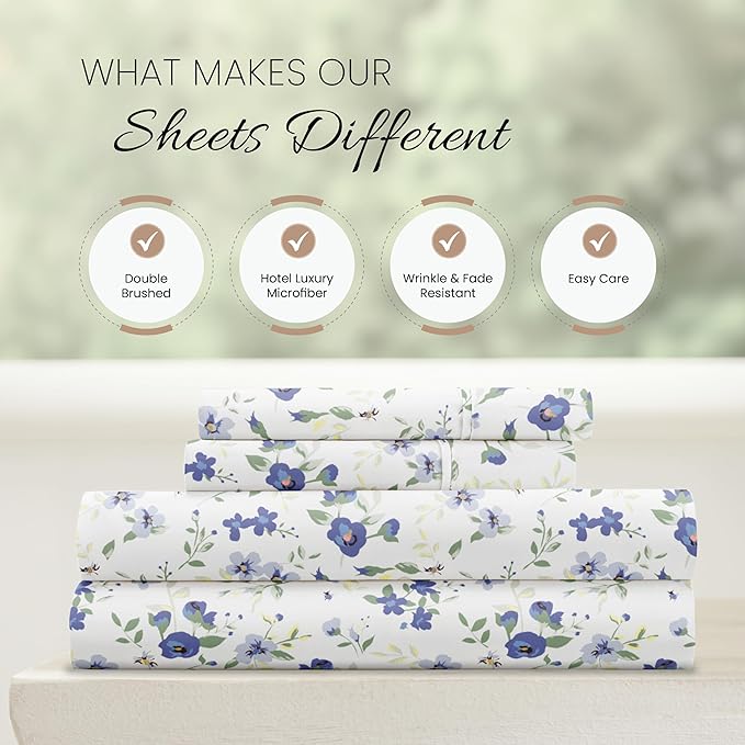 4 Piece King Bedding Sheet Set (Light Blue Floral) - Sleep Better Than Ever with These Ultra-Soft & Cooling Bed Sheets for Your King Size Bed - Deep Pocket Fits 16" Mattress - LeafyLoom