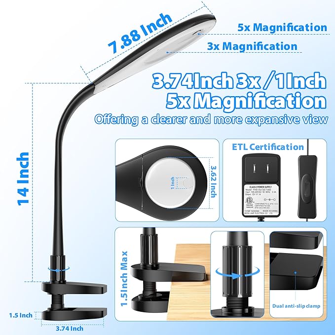 Magnifying Glass with Light, Flexible Gooseneck 3X&5X Glass Lens LED Magnifying Desk Lamp with Clamp, Hand Free Magnifying Lamp with Dust Cover for Reading, Painting, Craft, Repair - LeafyLoom